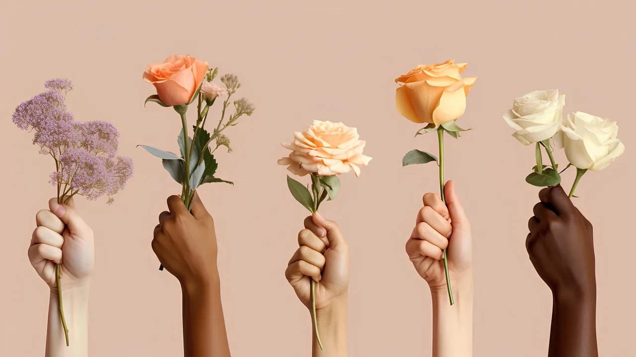 Hands holding flowers symbolizing diversity and individuality, representing themes from the Midlife Single Life Guide.